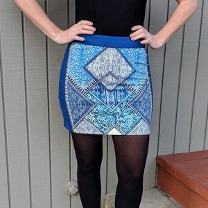 H&M Blue & White Tribal Print Fitted Mini Skirt, S